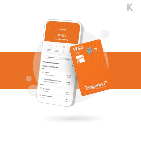 App and card for the Tangerine No-fee daily Chequing Account