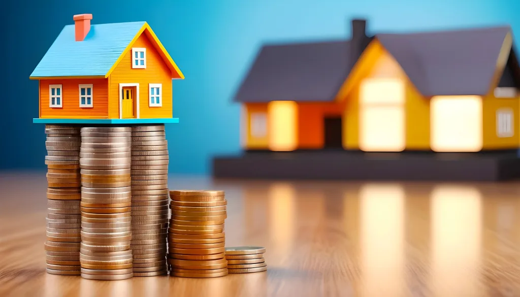 A house on top of piles of coins to represent the mortgage needed to buy a house.