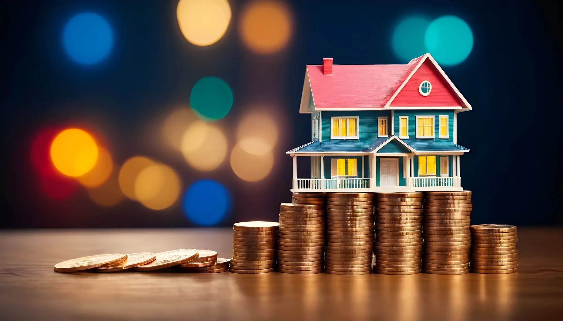 A house on top of piles of coins to represent the mortgage needed to buy a house.