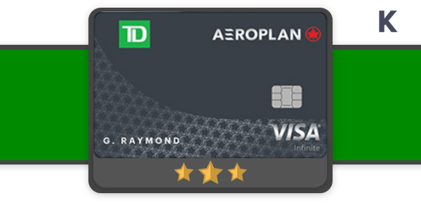 Image of a TD Aeroplan Visa Infinite credit card with a dark design. The card has the name G. Raymond and features three gold stars below it.