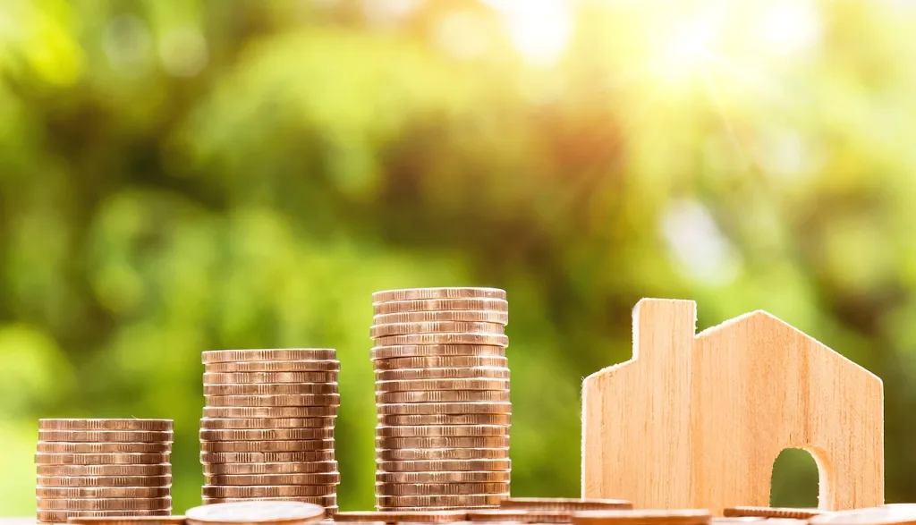 Piles of money/coins and a wooden house