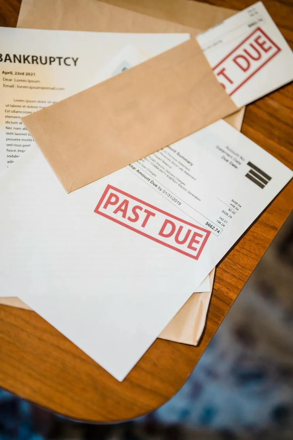 A collection of bankruptcy documents neatly arranged on a table, showcasing legal paperwork and forms related to financial distress.