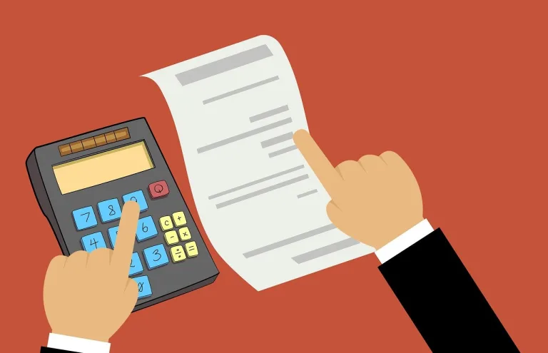 Illustration of hands using a calculator and pointing to a long receipt on a red background, highlighting an effective budgeting framework.