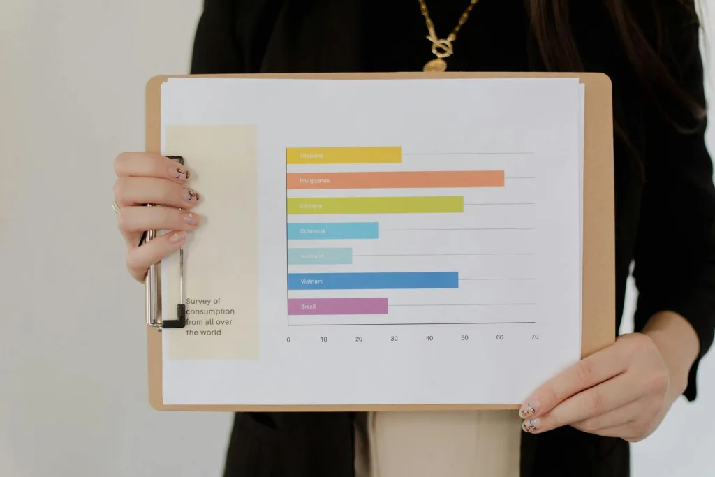 A person in their 30s holds a clipboard featuring a bar chart