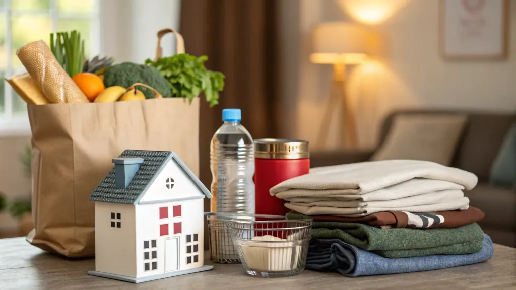 A table in the living room displays home cleaning essentials alongside various groceries, creating a tidy and organized space.