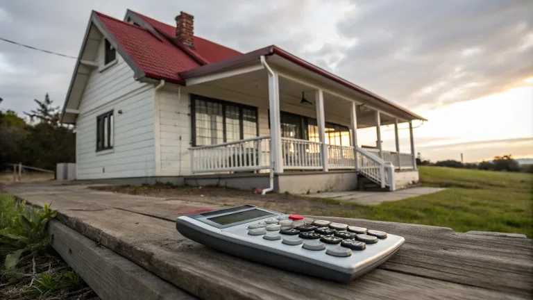 A rustic white house with a red roof stands in a grassy field under a cloudy sky. A wooden porch wraps around the front, and a calculator is placed on a weathered wooden surface in the foreground.