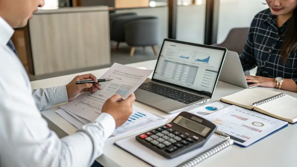 A businessman and businesswoman collaborating on financial documents in a professional office setting.