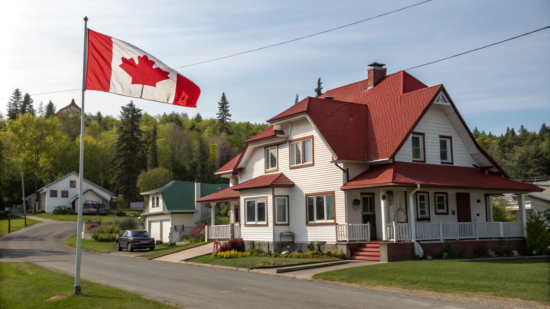 A Canadian flag waves proudly in front of a residential house, symbolizing national pride and identity.