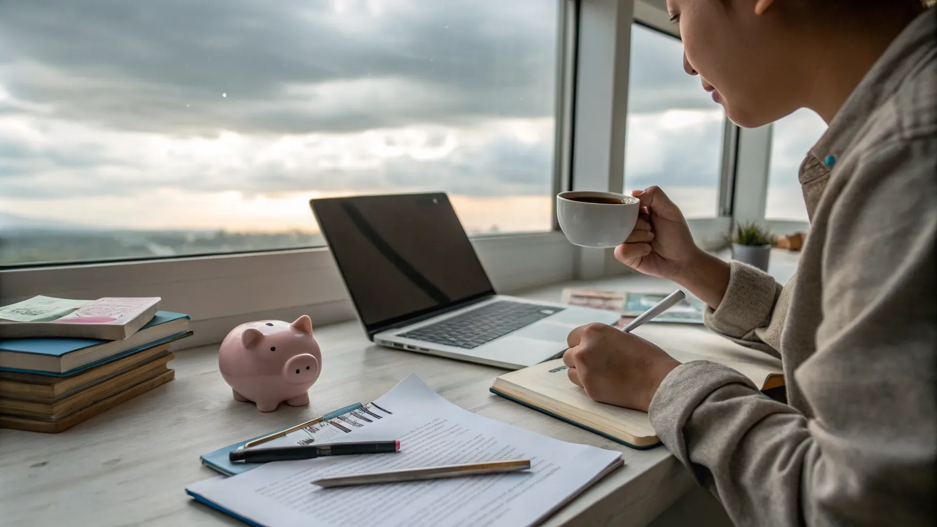 A man working from home on a laptop, with a piggy bank placed nearby, symbolizing savings and financial planning.